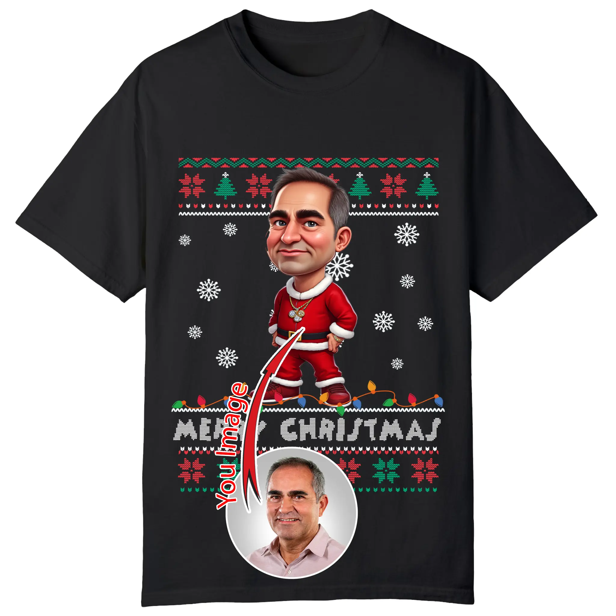 Funny Christmas Caricature T-Shirts – Personalized Face and Pose Designs That Make the Perfect Holiday Gift. Custom Merry Christmas Photo T-Shirts for Friends, Family, or the Dog Lovers in Your Life!