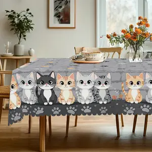 1pc Gray Vintage Cute Cat Printed Rectangular Tablecloth, Featuring Spring Cats, Paw Prints, And Stone Patterns, Suitable for Round Tables, Party Decorations, Home Kitchen Dining Sets, Indoor And Outdoor Use, a Gift for Family And Friends table  linens