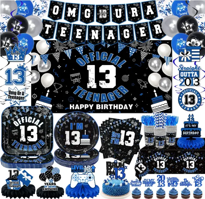 13th Birthday Decorations for Boys Black and Blue Official Teenager 13th Birthday Plates and Napkins Tablecloth Backdrop Omg Ur A Teenager Banner Topper Balloons Since 2013 Boy,Serve 25