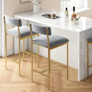 【Garvee】Set of 2 Velvet Bar Stools 25.5", Upholstered Grey and Gold Counter Chairs for Kitchen Island and Dining