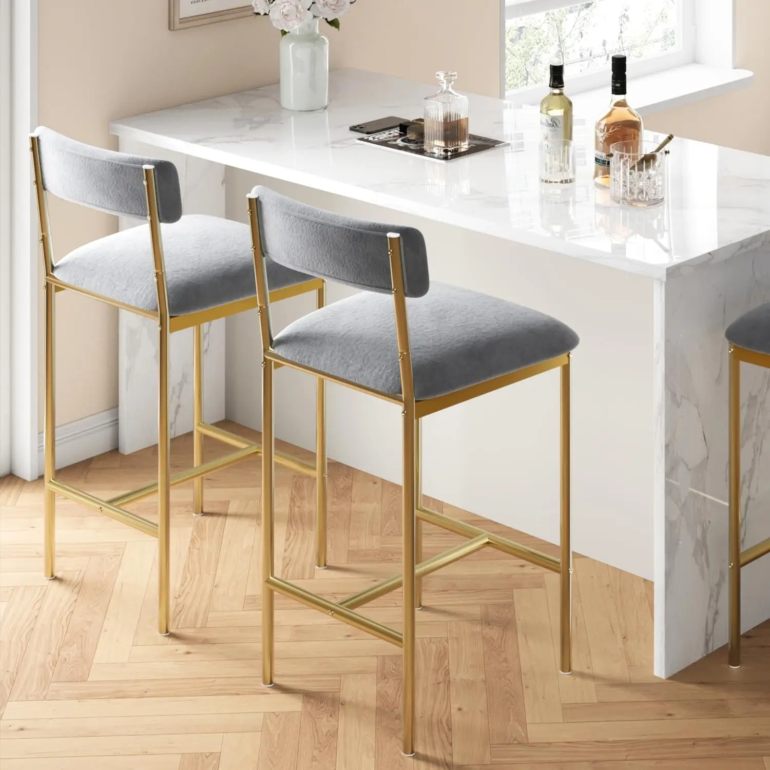 【Garvee】Set of 2 Velvet Bar Stools 25.5", Upholstered Grey and Gold Counter Chairs for Kitchen Island and Dining