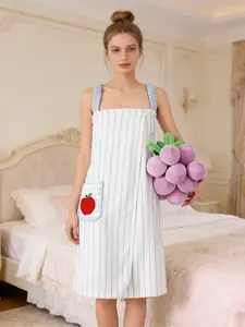 Fresh Girl Style Apple Pocket Pleated Shoulder Strap Sleepwear, Fruit Print Blue Striped Bathrobe, Comfortable Nightgown