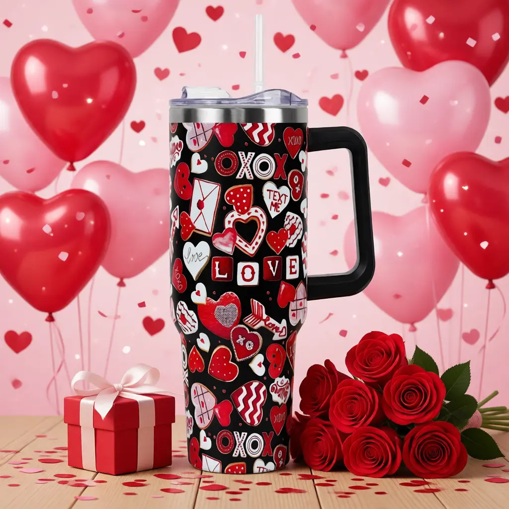 Valentine XOXO Love Heart Pattern 40oz Stainless Steel Tumbler with Handle and Straw – Insulated Travel Mug, Double Wall Vacuum Cup for Hot & Cold Drinks, Cute Romantic Gift for Women, Wife, Girlfriend, Valentine’s Day Anniv
