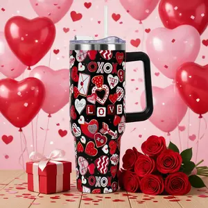Valentine XOXO Love Heart Pattern 40oz Stainless Steel Tumbler with Handle and Straw – Insulated Travel Mug, Double Wall Vacuum Cup for Hot & Cold Drinks, Cute Romantic Gift for Women, Wife, Girlfriend, Valentine’s Day Anniv