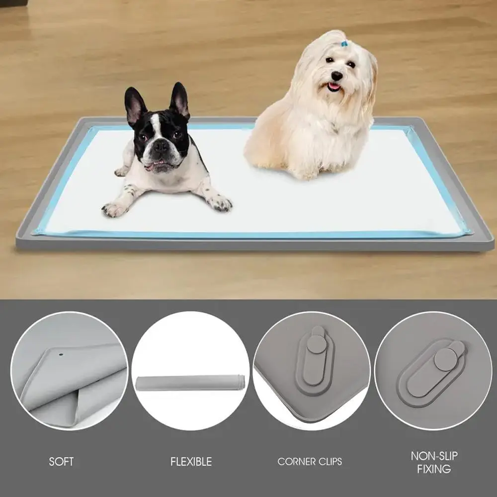 Puppy Pad Holder, 24” x 24” Dog Pee Pad Holder Tray with 4 Magnetic Clips, No Spill Raised Edge Indoor Silicone Dog Potty Trays, Leak-Proof Square Dog Toilet Training Pads Mat for Floor Protection