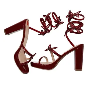 Red Wind Up Butterfly Heels Size 7 - Elegant Patent Leather Ankle Strap Sandals with Chunky Block Heel