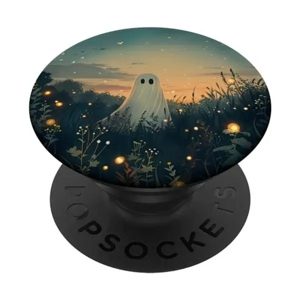 Cute Ghost in Wildflower Field Night Sky Fireflies Halloween PopSockets Adhesive PopGrip