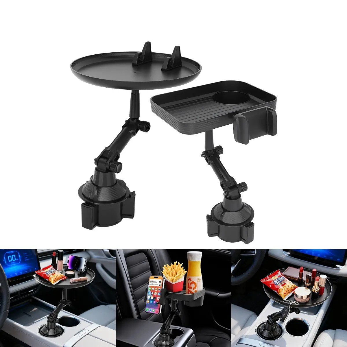 Car cup holder tray with phone holder, rotatable dining table, food tray, portable adjustable beverage storage rack, multifunctional cup holder, car organization accessories, Car Organization Supplies