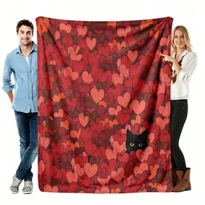 Horaldaily Valentine Flannel Throw Blanket, Red Heart Print Cat Design, Plush Texture Wrinkle-Free Soft Fleece, Multi-Size Option 50x60 in, Ideal for Couch/Bed Lounging, Perfect Gift for Adults
