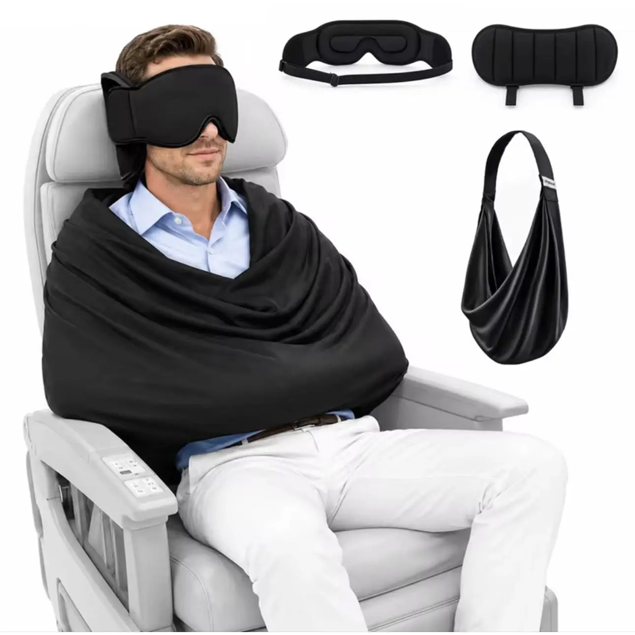 3-in-1 Airplane Sleep Support System with Memory Foam Long Haul Flight Pillow Adjustable Travel Eye Mask and Blanket Set