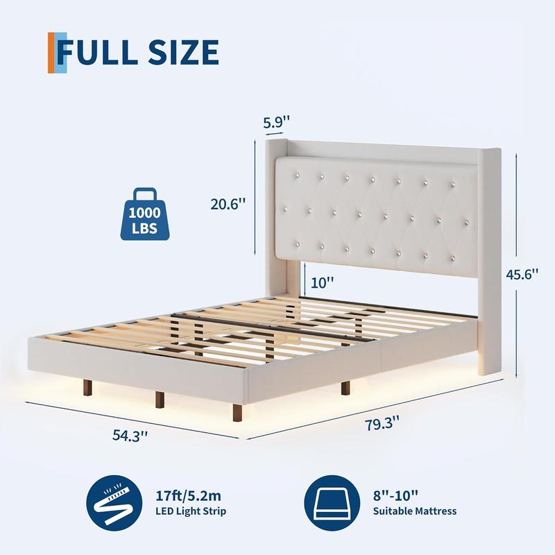 Upholstered Bed Frame with LED Lights & Storage Headboard, Floating Look, No Box Spring Needed