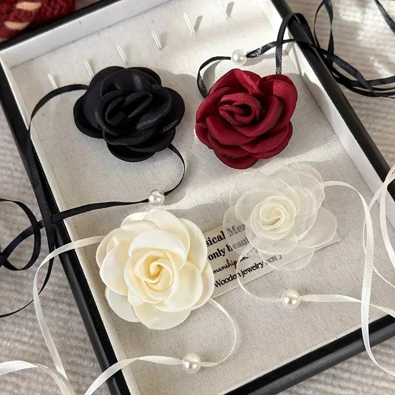 Elegant Vintage Rose Flower Necklace Set, Dainty Fashion Jewelry, Satin Fashion Jewelry for Women, Perfect Accessory for Special Occasions & Daily Wear, Fashionable Jewelry, High End Necklace, Handmade Necklace