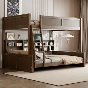 【Bellemave】Twin XL /Full XL/Queen/Bunk Bed with Storage Cabinets and USB Ports, Antique Wood Color