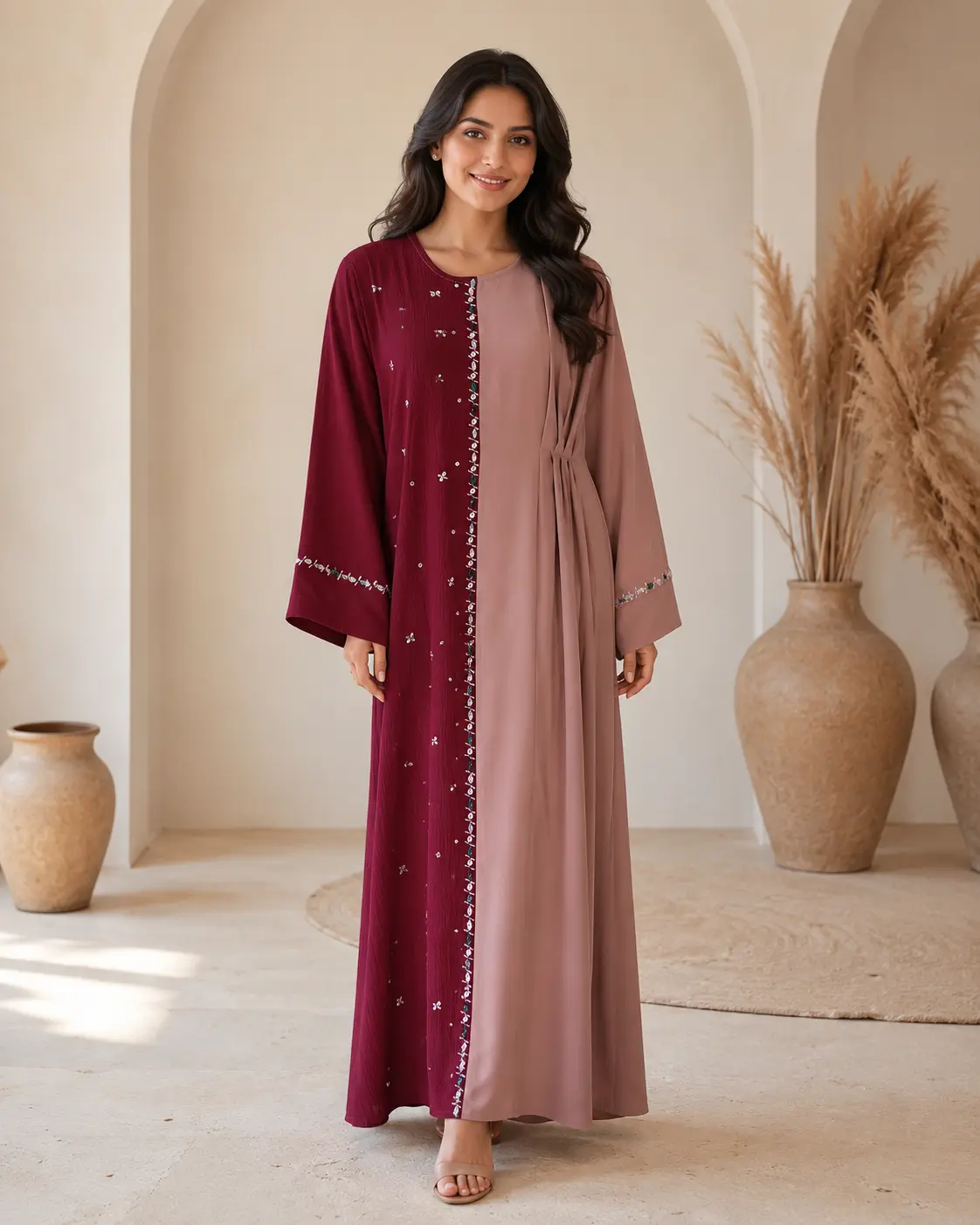 Half and Half Color Block Abaya Dress with Exclusive Stone Embellishments