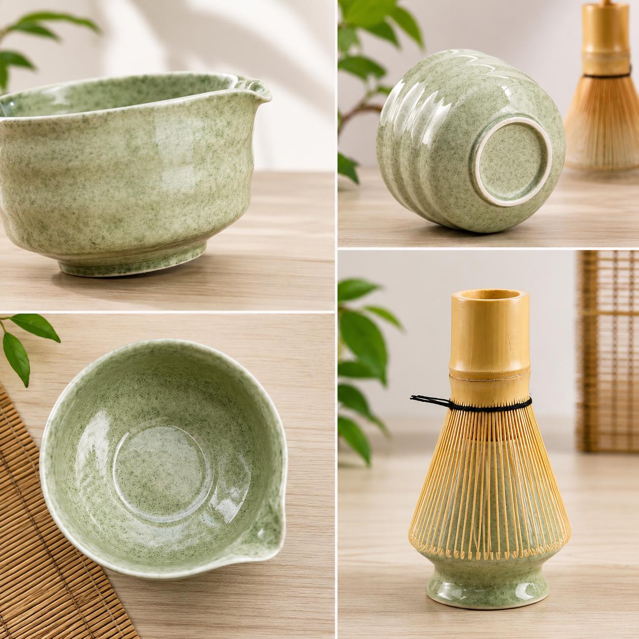 10-Pieces Bamboo Matcha Whisk Set - 450ml Matcha Bowl, Whisk Holder, Scoop, Spoon, Sifter, Scoop Holder, Silicone Coaster, Tea Brush, Cleaning Cloth (Kitchenware Tea-Making Tools for Enthusiasts)