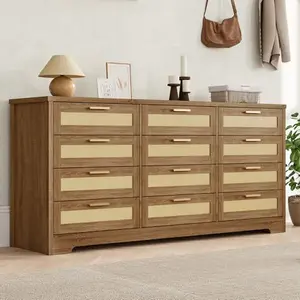 Natural Oak 12 Drawer Dresser for Bedroom, Modern Farmhouse Rattan Chest of Drawers, Wood Dresser for Closet, Living Room, Entryway, and Hallway