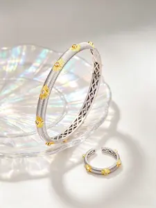 2pcs Italian Retro Brushed Matte Cuff Bangle & Ring Set, Sparkling Zircon Jewelry, Elegant Marble Pattern, All Seasons