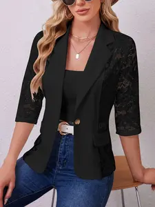 Lace Patchwork Blazer Jacket, Half Sleeve Transparent Design, Single Button Slim Fit, Commuter Date Night Chic Elegant Style, Womenswear