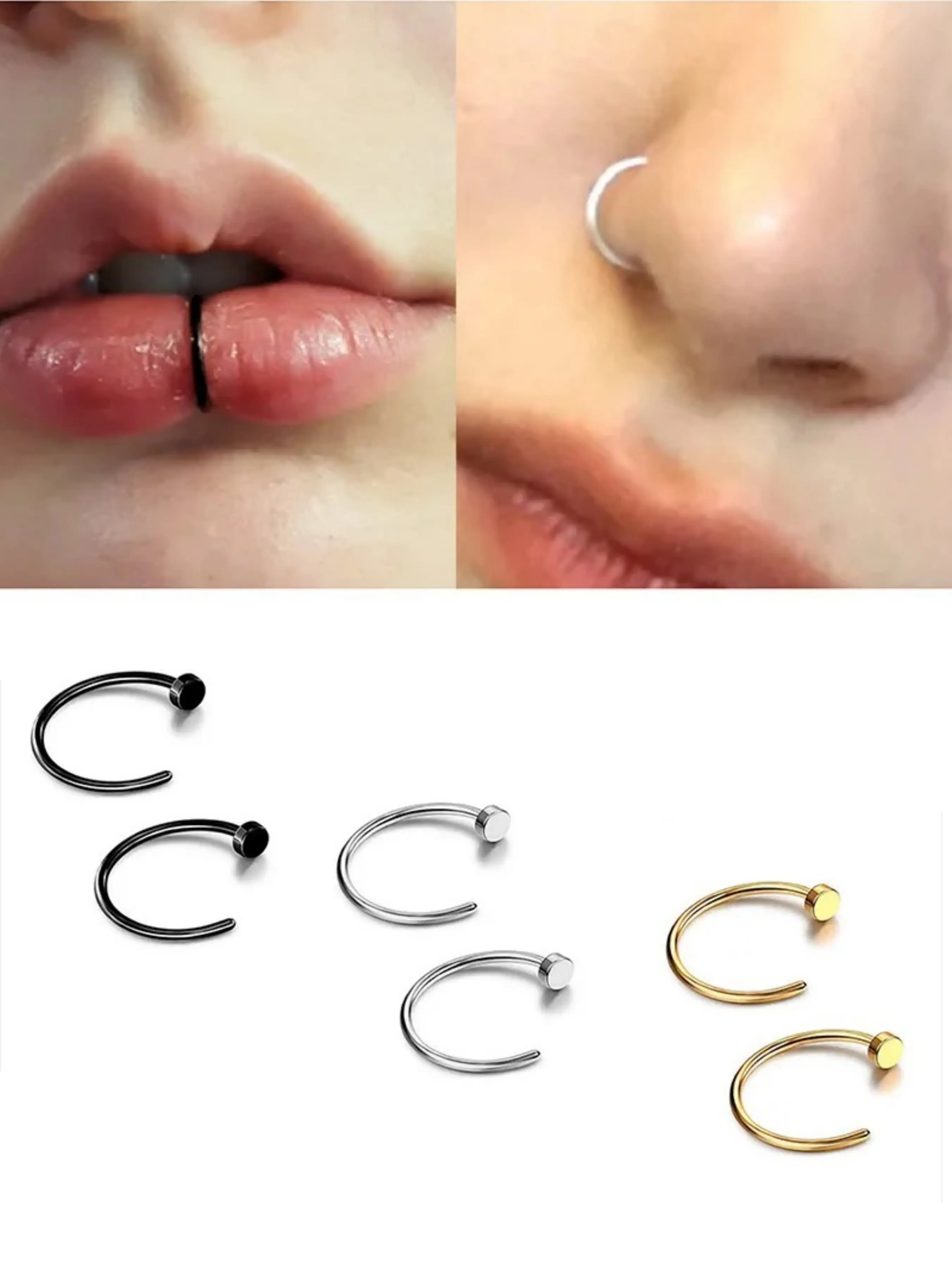 2pcs Fake Nose Rings for Women, Faux Nose Ring, 316L Stainless Steel Lip Rings, Labret Ring Nostril Hoop, Piercing Studs, Fake Nose Piercings, Nose Rings Hoops, Nose Piercing Jewelry, Non Piercing Jewelry