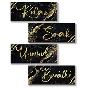 4 Pcs Black and Gold Bathroom Decor Black Gold Wall Decor Relax Soak Unwind Breathe Wooden Rustic Marble Style Bathroom Accessories for Bedroom Living Room Decor Kitchen(10X4)
