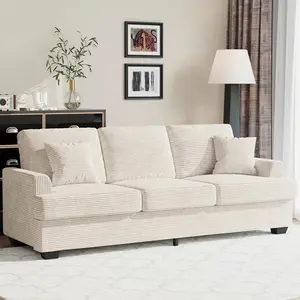 Garvee Modern 86" Corduroy Sofa with 2 Throw Pillows, Deep Seat Couch with Upholstered Cushion & Removable Cover,Comfy Corduroy Sofa Couch for Small Space Apartment Lounge, Beige