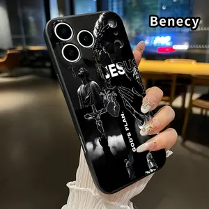 Straight Edge Phone Case for iPhone 17 15 16 14 Pro Max 13 12 11 XR XS Plus Air E Divine Jesus Reverence Pattern Pocket-Friendly Shockproof Liquid Silicone Protective Soft Smartphone Casing
