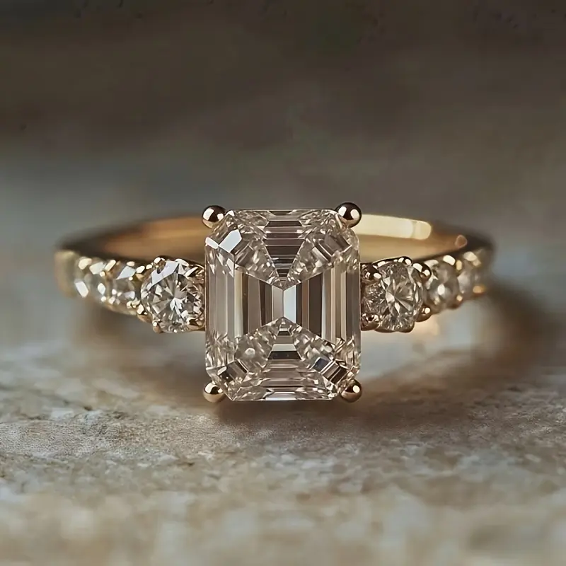 Women's Elegant Rectangular Synthetic Zirconia Ring - KC Gold-Plated, Gold-Colored, Sparkly Embellished Costume Jewelry, Wedding Proposal Gift, Valentine's Day Anniversary Everyday Accessory, Gold-Colored Rings, Sparkly Embellished Rings