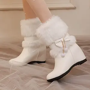 Elegant Women's White Winter Boots with Fluffy Fur Trim, Bow & Tassel Accents - Slip-On Platform Wedge Heels, Girl Walking Shoes Footwear