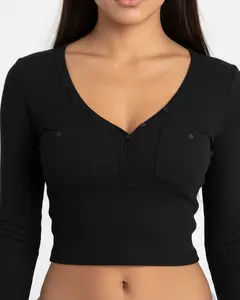 Ribbed Knit Long Sleeve Top - Black Button-Front Crop Top