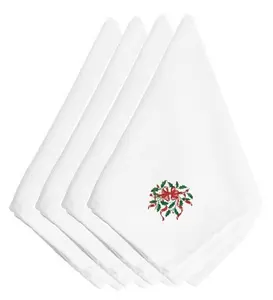 212 MAIN Embroidered Christmas Holly Cloth Napkins with Ribbon, 4 Pack, Four Pack
