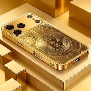 Gold Circuit Board Bitcoin Symbol Christmas Gift, Luxury Electroplated Gold Glass Phone Case for iPhone 17/17 Pro/17 Air/17 Pro Max/16/16 Pro/16 Plus/16 Pro Max/15/15 Pro/15 Pro Max/14/14 Pro/14 Plus/14 Pro Max/13/13 Pro/13 Pro Max/13 Mini/12/11 Trendy Gi