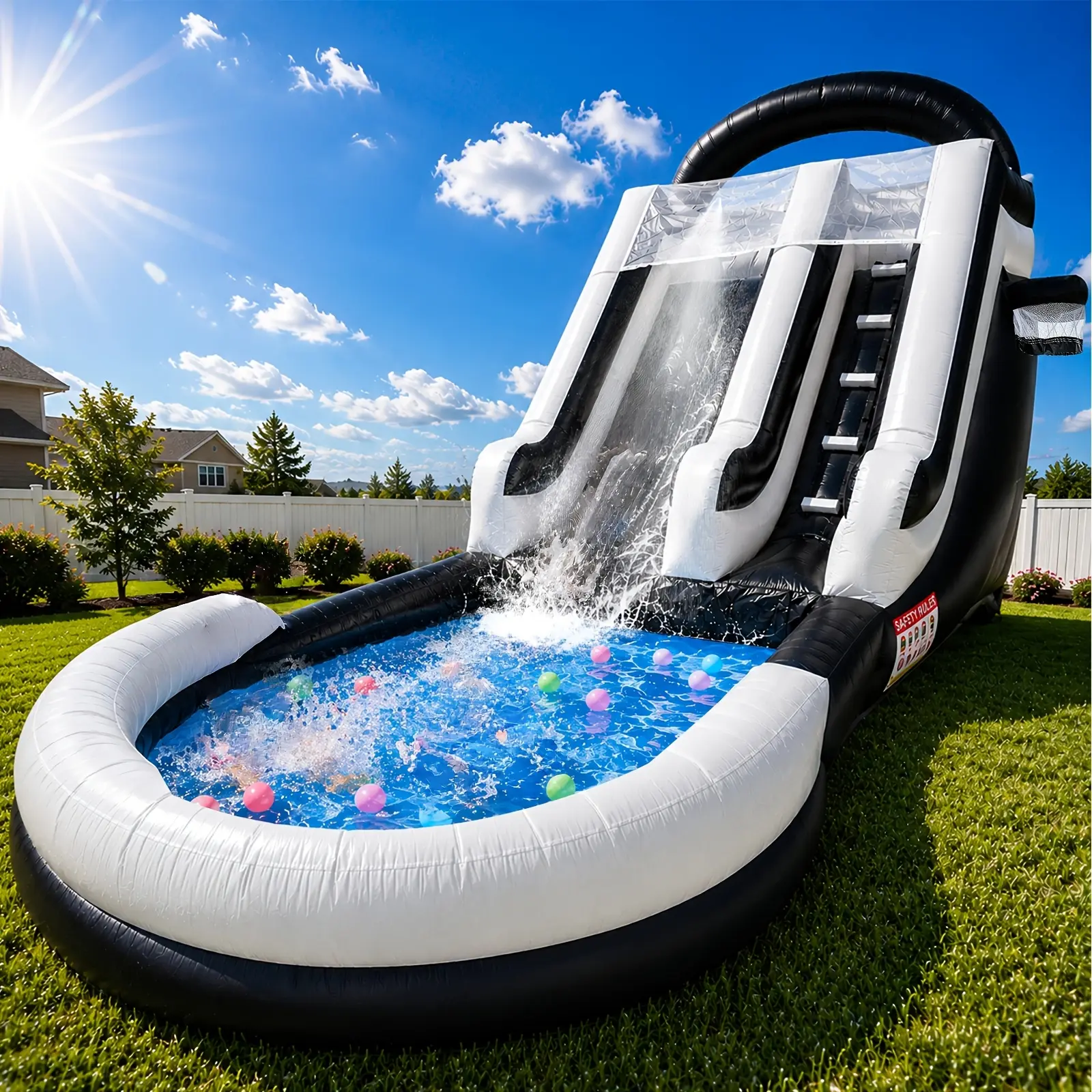This 26-foot Inflatable Water Slide, Made Of High-strength Composite PVC Material And Fully Equipped, Is Perfect for Summer Pool Activities, Outdoor Events, Pool Parties, And Family Gatherings.