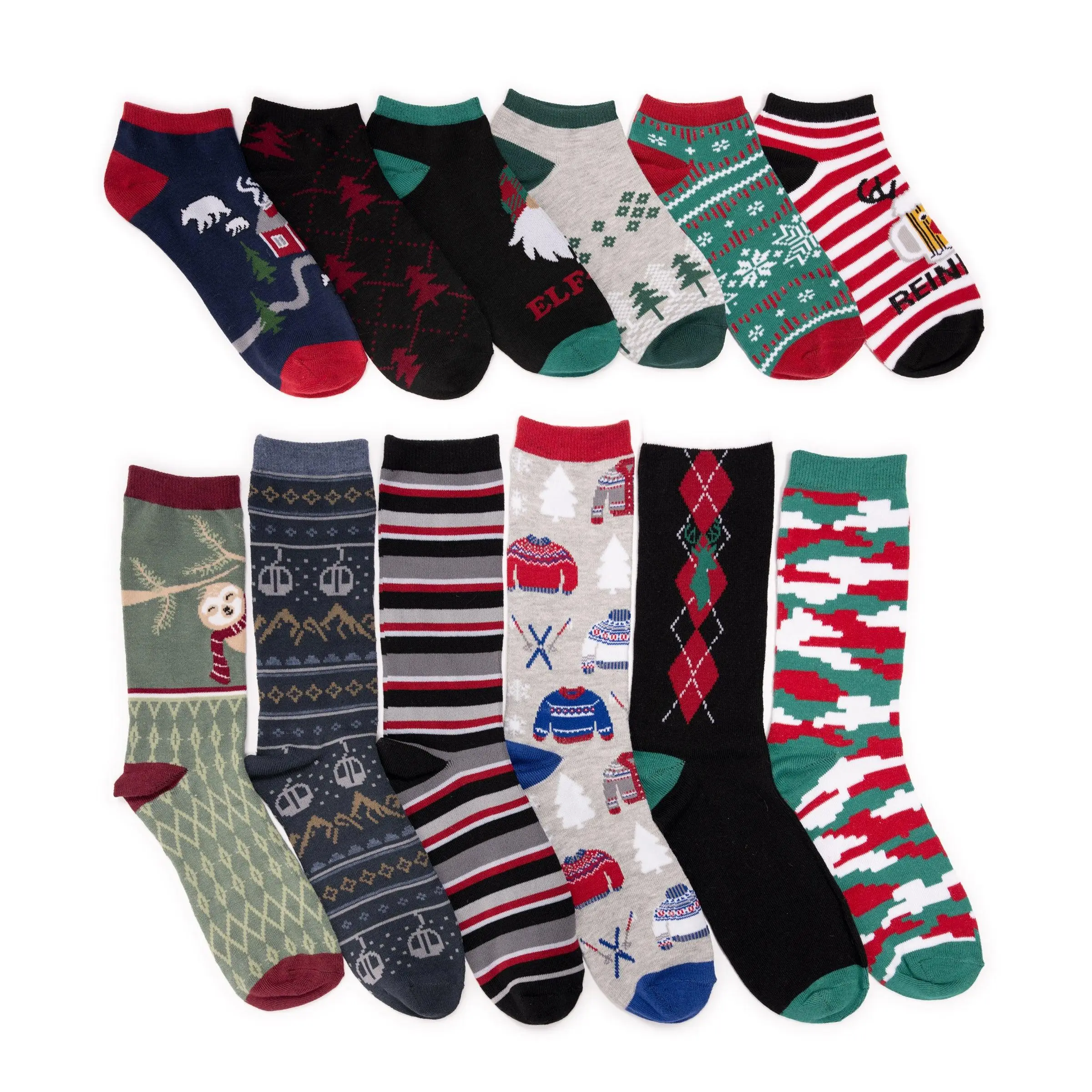 Men's 12-Day Holiday Advent Calendar Sock Assortment Set, Festive Christmas Fun Designs, Assorted Crew & No-Show Styles, Menswear, Socks Ankle, Fun Motifs, Holiday Themes, Assorted Pairs, Cozy Fabric, One Size (10-13)