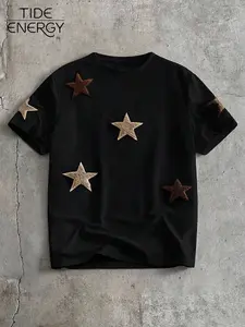 Viral TikTok Men’s Grunge Star Aesthetic T-Shirt - Multi-Wear 90s Retro Star Towel Embroidery Patchwork Oversized Soft Cotton Tee, Breathable Casual Streetwear Summer Short Sleeve, All-Day Versatile Streetwear T-Shirt