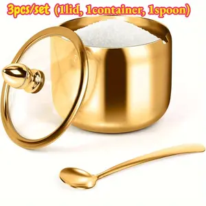 3pcs Golden Stainless Steel Condiment Jar (1 Lid + 1 Jar + 1 Spoon) with Visible Glass Lid And Spoon - Dishwasher Safe, Wide Opening, Multi-Purpose Condiment Dispenser Kitchenware for Coffee Bar And Kitchen Storage
