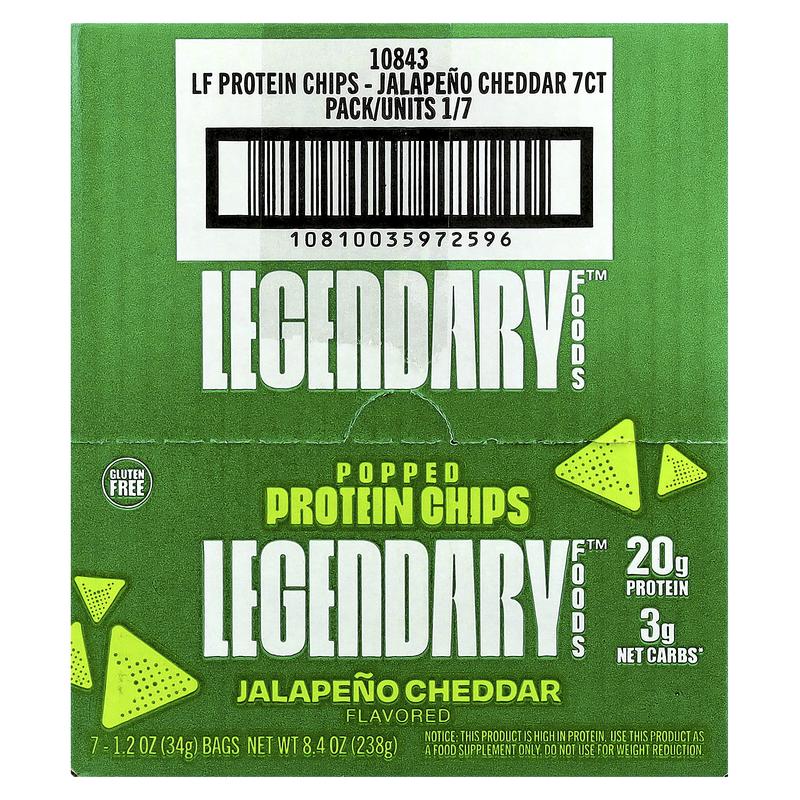 Legendary Foods Popped Protein Chips, Jalapeno Cheddar, 7 Bags, 1.2 oz (34 g) Each
