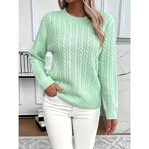 Women's Casual Loose-Fit Round Neck Long Sleeve Sweater - Medium Stretch Solid Color with Ribbed Detailing, H-Line Silhouette for Spring/Autumn Layering, Elegant Collection, Cute Sweater, Casual Attire, Comfortable Fit, Pullover Top, Stylish Women
