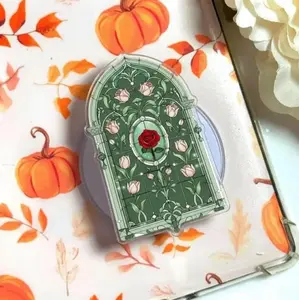 Green Floral Window Phone Grip, Vintage Rose Stand (MagSafe Compatible)