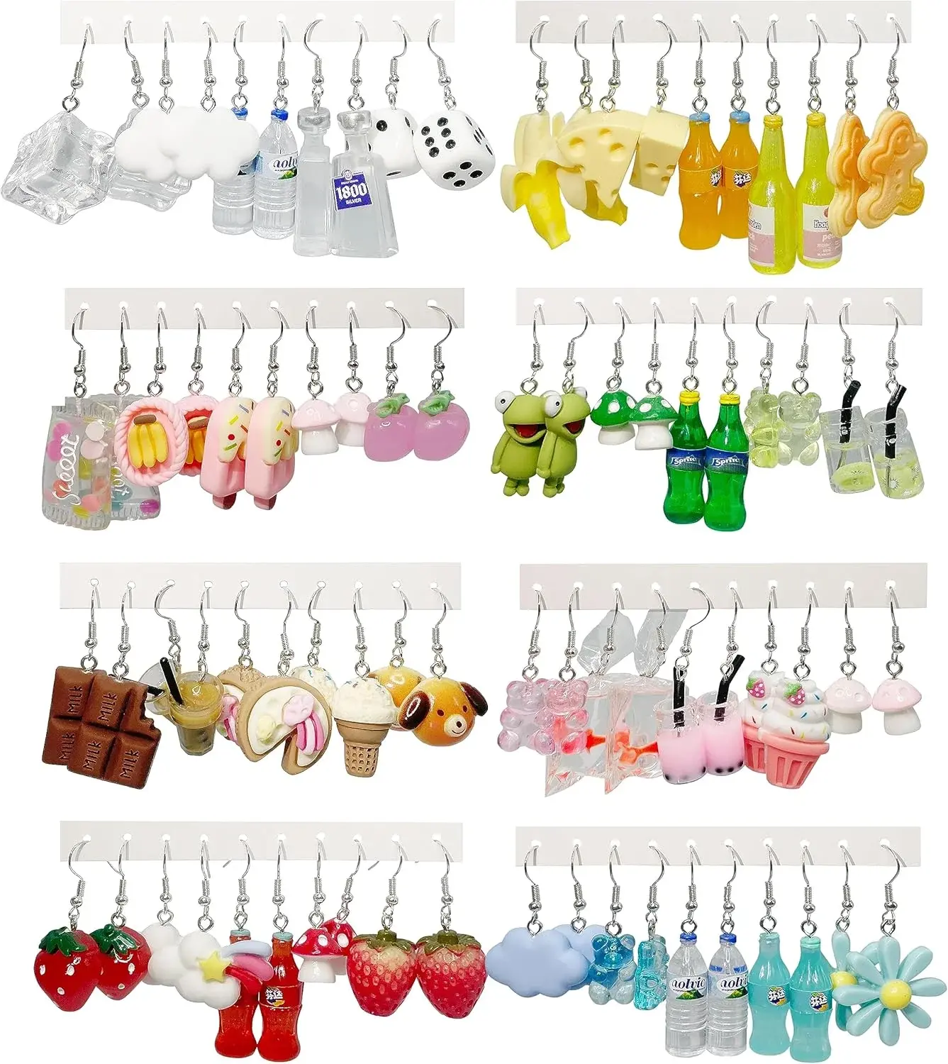 16-40 Pairs Cute Funny Weird Earrings Boba Water Bottle Pearl Milk Tea Food Gummy Bear Fruit Mushroom Goldfish Earring Set Cute Funny Dangle Drop Earrings for Women