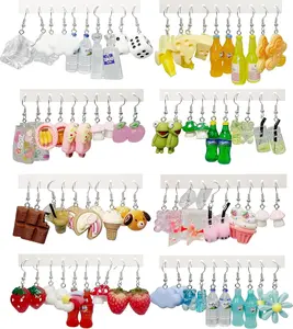 16-40 Pairs Cute Funny Weird Earrings Boba Water Bottle Pearl Milk Tea Food Gummy Bear Fruit Mushroom Goldfish Earring Set Cute Funny Dangle Drop Earrings for Women