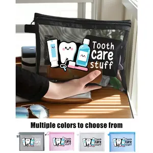 Cute Dental Theme Travel Toothbrush Holder, Mesh Storage Bag, Travel Organizer, for Oral Care Essentials, Ideal for Travellers, Families, Students, Commuters
