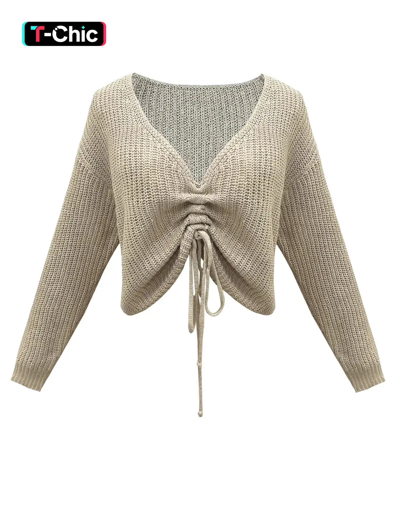 Women's Casual Deep V Neck Long Sleeve Pullover Sweater, Fitted Short Knit Top with Adjustable Drawstring Design, Spring & Fall Fashion