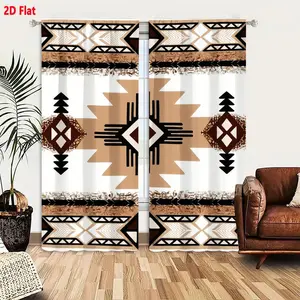 2D Flat  2-Piece Southwestern Tribal Curtain Set, Symmetrical Geometric Pattern with Black, White, Brown, Diamond Star Motif, Light Brown Background, Tribal-Inspired Textile Design for Living Room Bedroom