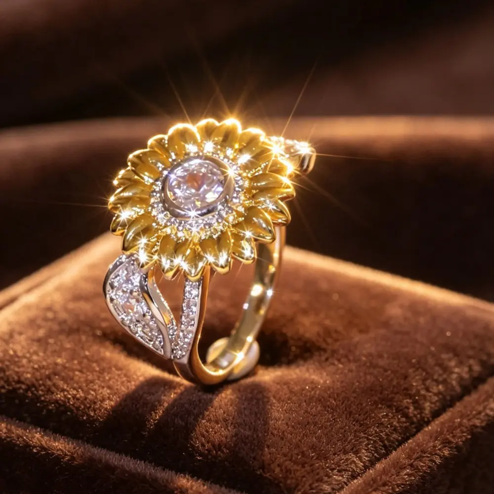 Women's Metal Coating Sparkling Pave Sunflower Floral Band Statement Cocktail Ring - Botanical Inspired Everyday Fashion Accessory for Anniversary Party Gift