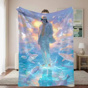 Dreamy Dolphin Flannel Blanket，Fantasy Michael Jackson Print Pattern，Soft Cozy Lightweight，Great for Couch Sofa Bed Living Room，Perfect Throw for Summer Spring Autumn Winter，Housewarming Gift Idea.