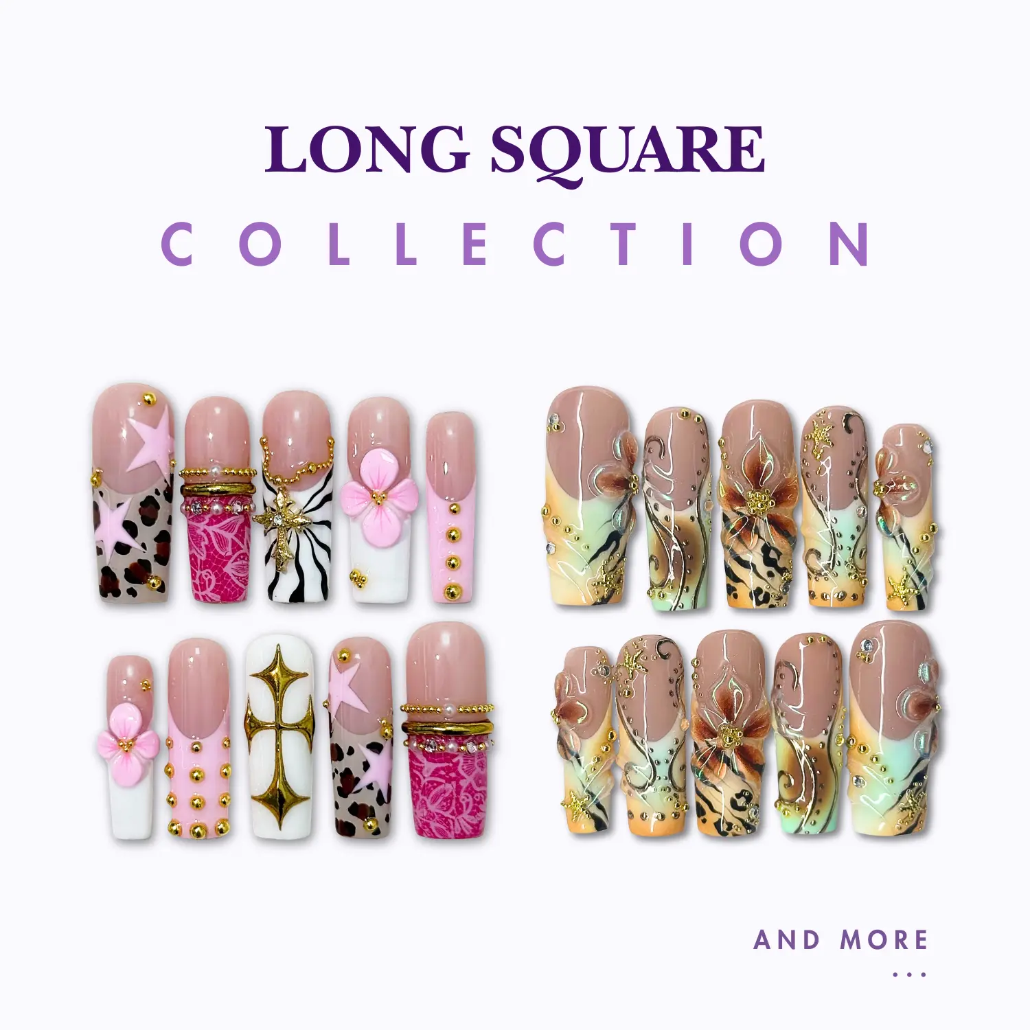NailPhoria LONG SQUARE Collection - Handmade Press-On Nails | Reusable, Salon-Quality, Long-Lasting, Glossy Design