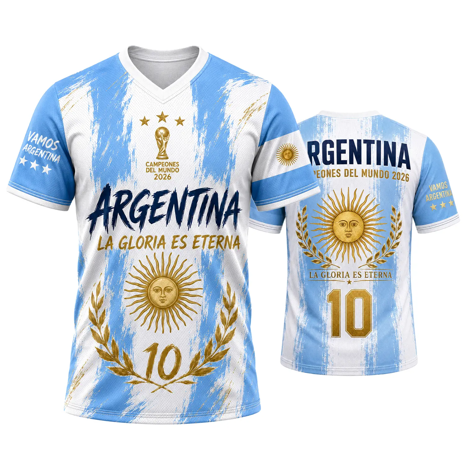 Unisex Short Sleeve Argentina-Inspired V-Neck Athletic Shirt, Sky Blue White Brushstroke Soccer Fan Jersey, Gold Sun & Number 10 Graphic Sports Top, Championship Game Day Apparel, S-5XL