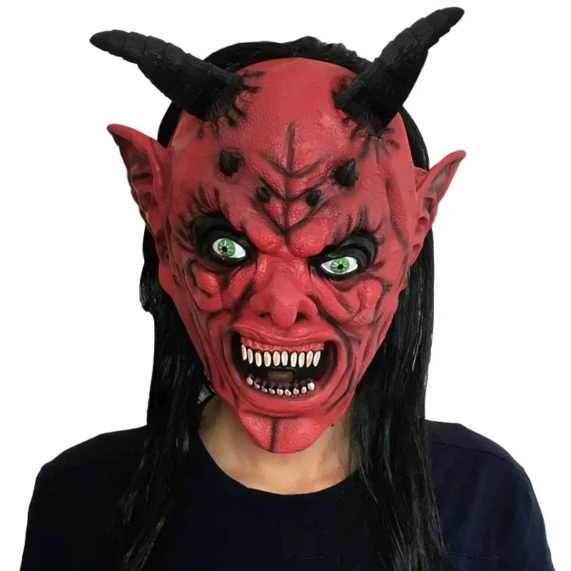 Painted Goth Spooky Latex Red Devil Demon Mask with Horns and Hair - Bull Demon King Upgraded Version, Men's Festival Adult Halloween Cosplay Costume Prop, Party Accessories