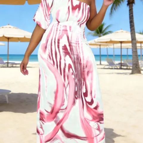 Trendy Summer Fashion Women's Asymmetrical Neck One Sleeve Loose Dress, Casual Style Long Dress for Daily Wear & Outdoor Activities, Asymmetrical Design Dress, High Low Dresses