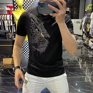 2025 Summer New Trendy Brand European and American Style Leopard Rhinestone Slim Fit Round Neck Short Sleeve T-Shirt Plus Size Men's Clothing